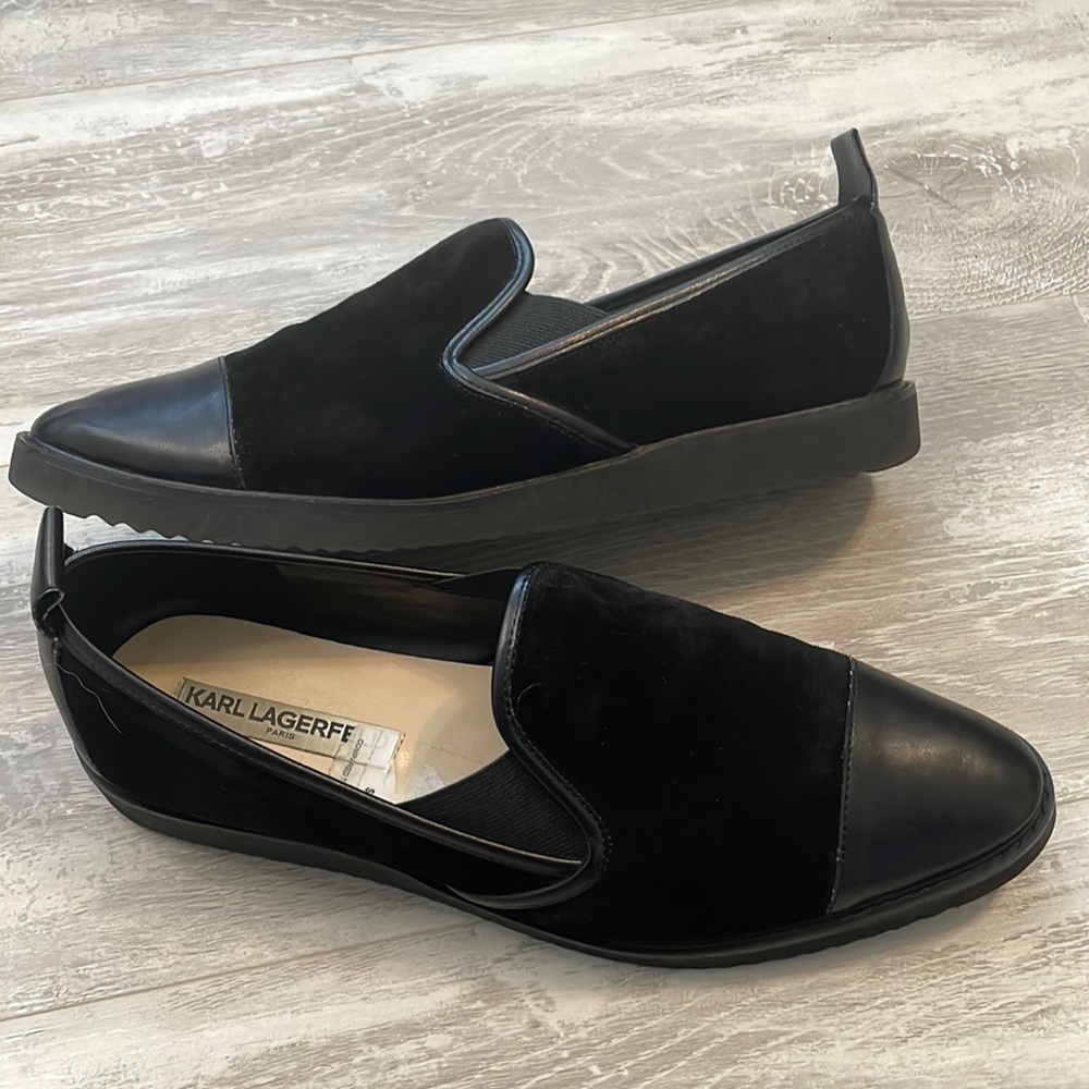 Karl Lagerfeld Cler Black Suede Leather Slip On Loafers 9.5 or 40.5